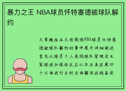 暴力之王 NBA球员怀特塞德被球队解约